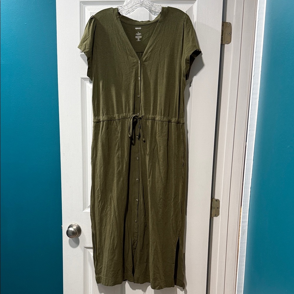 Sonoma Forest Green Midi Dress with Button Detail
